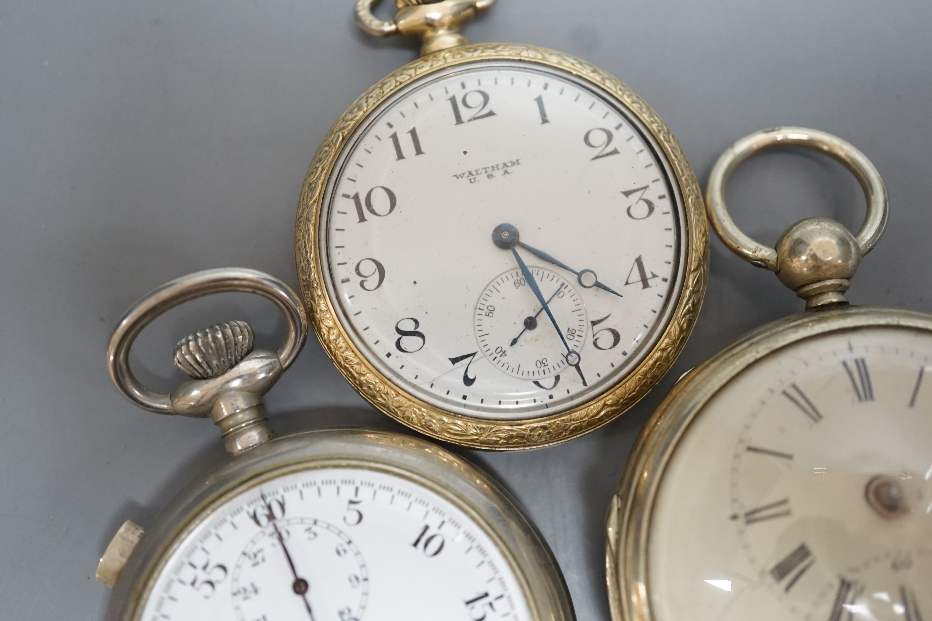 Three base metal pocket watches including 19th century pair case by Robert Weir, Dunbar(lacking hands).